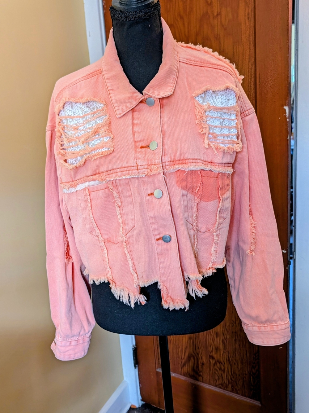 Distressed Coral Pink Women's Denim Jacket